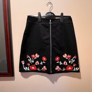 LOFT Black Midi Skirt with Red & Pink Floral Embroidery